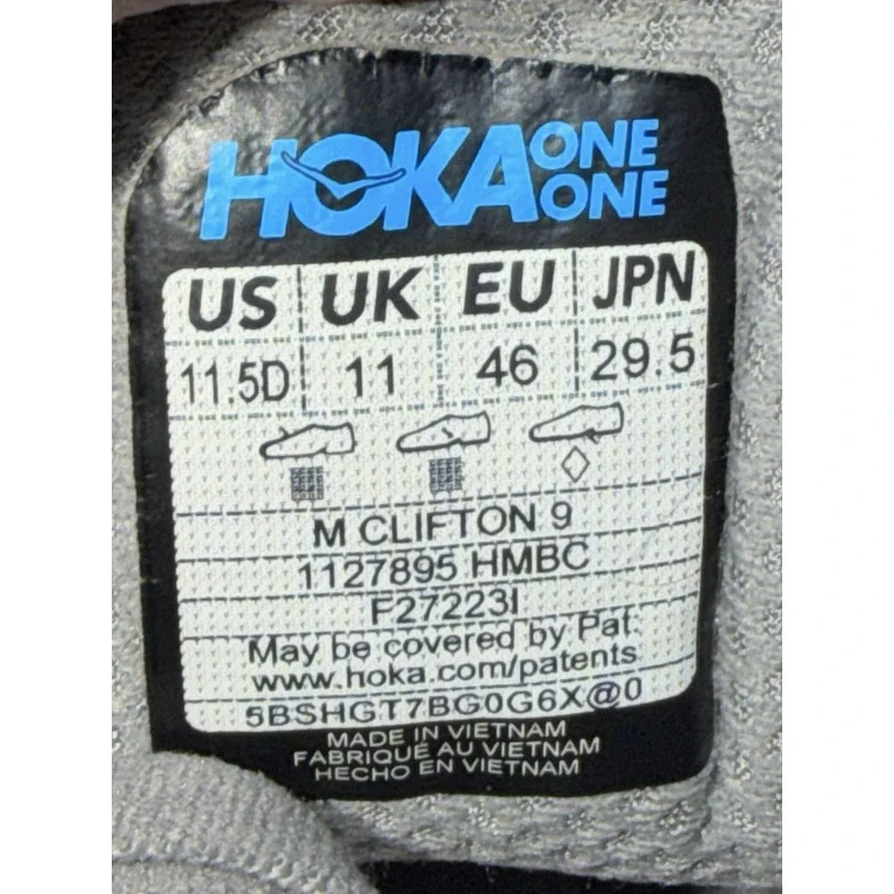 Hoka One One Clifton 9 Mens Size 11.5D Grey Running Shoes Athletic Gym Sneakers